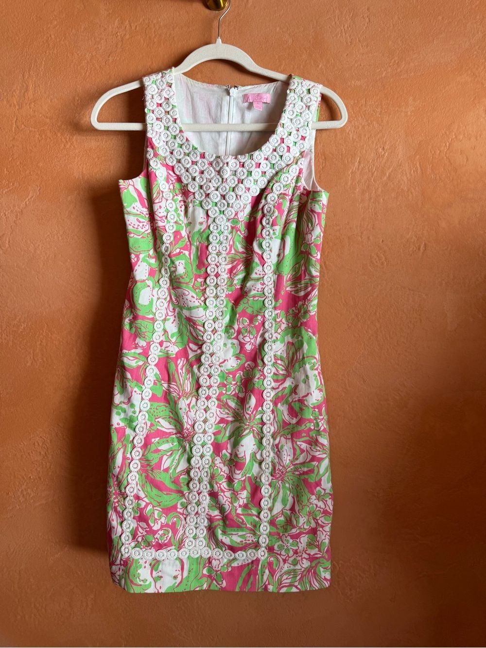 Lilly Pulitzer Cotton Shift Dress Lace Trim Pink Green Size 4